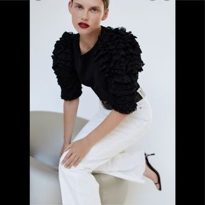 Zara 3/4 Ruffled Lace Sleeve Sweater SZ S Black